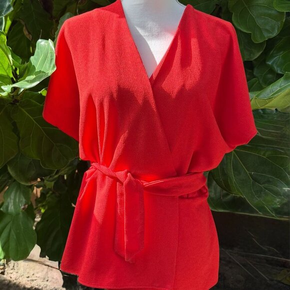 Topshop Women's Red Wrap‎ Tie Waist Blouse Size 8 Career Office Feminine - Picture 2 of 8